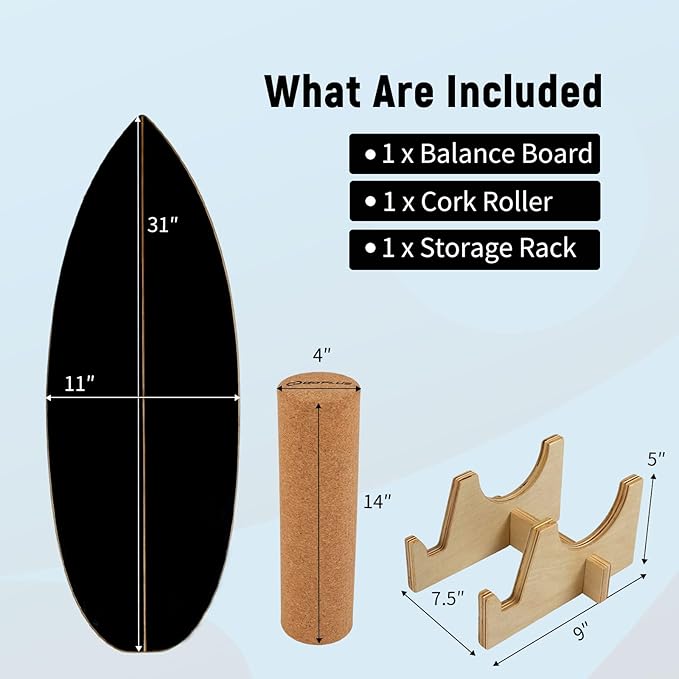 Goplus Balance Board Trainer for Adults, Wooden Balancing Board with Cork Roller and Storage Rack to Exercise and Build Core Strength, Wobble Board for Skateboard, Snowboard