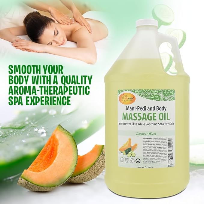 SPA REDI - Massage Oil, Cucumber and Melon, 128 Oz - Professional Full Body Massage Therapy, Made with Almond Oil, Cotton Seed Oil, Sunflower Oil, Avocado Oil, Essential Oils and Vitamin E