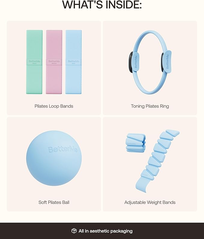 BetterMe Bubble Butt Kit – Pilates Ring, Weight Bands, Soft Ball & Loop Bands – Glute Training Pilates Kit for Women – Home Workout Pilates Equipment Set