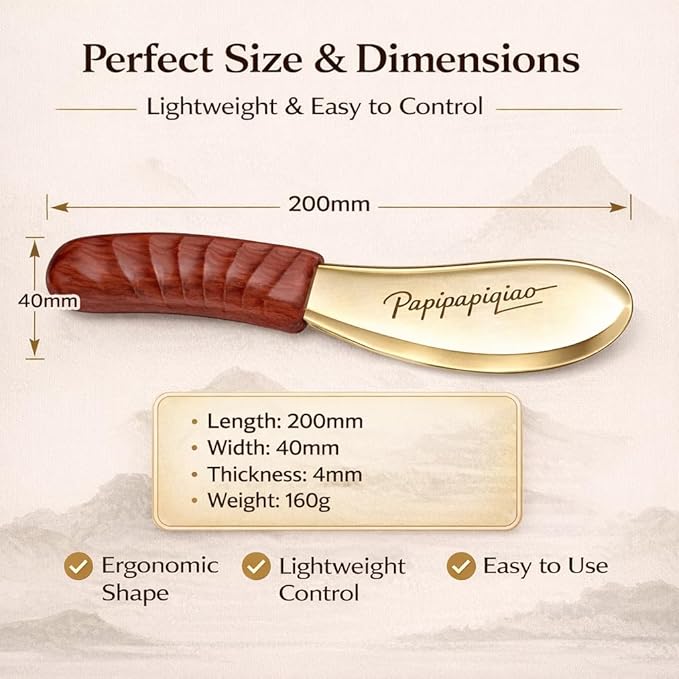 Copper Brass Gua Sha Muscle Scraper Tool with Wooden Handle – H62 Brass IASTM Soft Tissue Massage Tool for Fascia Release & Scar Tissue Relief – Deep Tissue Scraping Tool for Back & Body