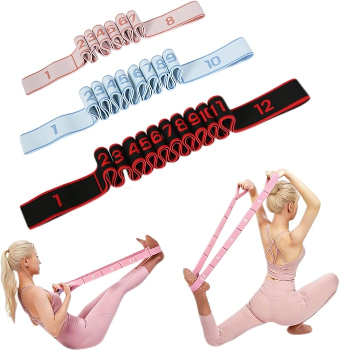 Yoga Strap with 8/10/12 Loops, Pilates Flexbands with Non-Chafe Fabric, Fashion Puller Exercise Bands for Stretching, Yoga, Dance & Full Body Shaping-3pcs