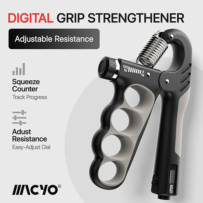 MACYO Grip Strength Trainer with Wider Handles - Adjustable Hand Grip Strengthener 11-220Lbs(5-100KG) for Large Hands, Automatic Counter & Ergonomic Design, Comfortable Forearm Workout for Athletes, Injury Recovery