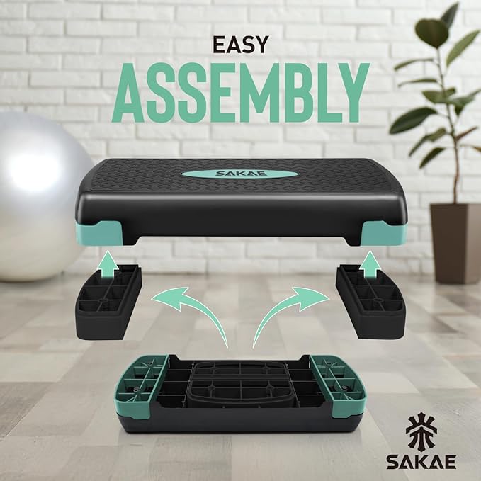 SAKAE Adjustable Aerobic Stepper Kit with Dumbbells & Kettlebell & Weightlifting Belt & Measuring Tape, 2 Level Risers Exercise Step Platform for Home Gym Exercise Fitness Workout, Multiple Colors