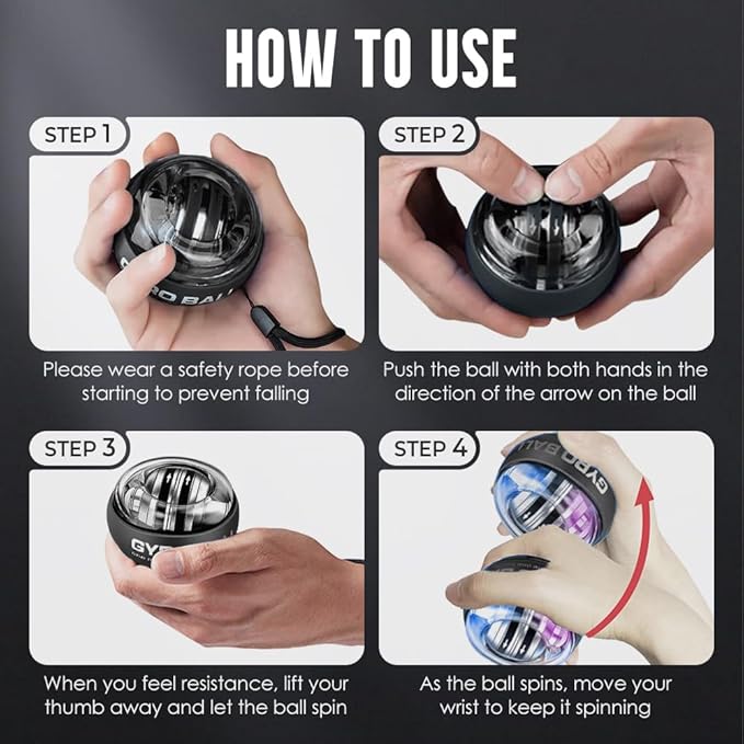 Wrist Ball, 2025 Upgraded Wrist Ball Exerciser, Auto-Start Gyroscopic Forearm Exerciser, Enhance Grip Strength, Hand Strengthening Devices, Adjustable Resistance, with LED Lights