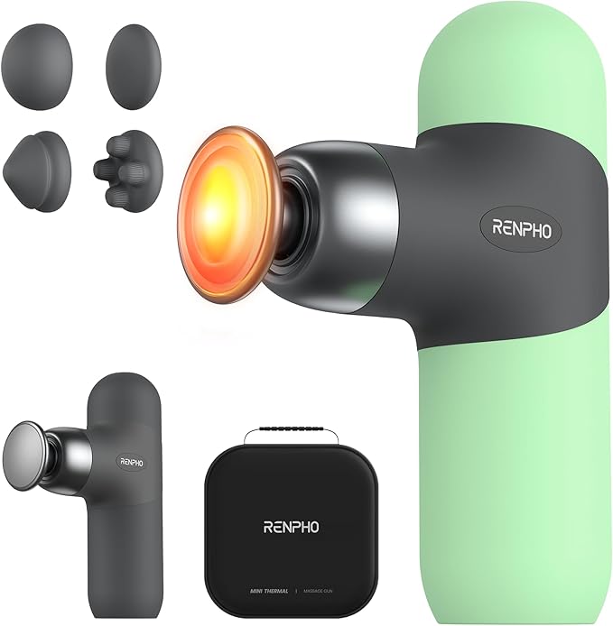 RENPHO Mini Thermal Massage Gun with Heat, Portable Deep Tissue Percussion Massager with 4 Heads for Neck & Back Comfort, Ultra-Quiet Operation for Home, Office & Travel, Includes Compact Carry Case