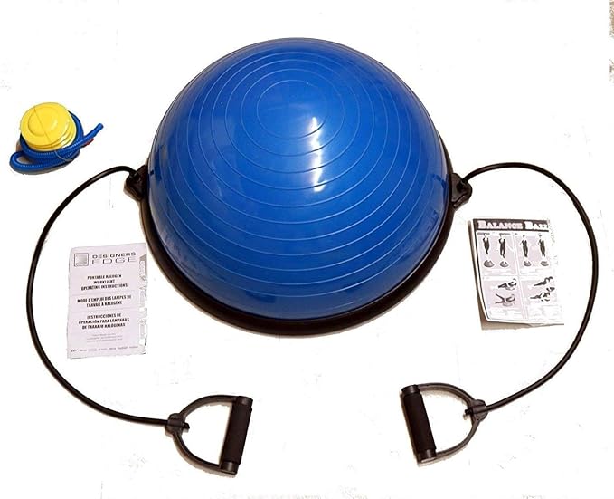 Half Ball Balance Trainer, Half Yoga Balance Board Exercise Ball for Full Body Workout, Stability Ball Platform, Core AB Training Strength Home Workout Fitness Physical Therapy, 2 Resistance Bands