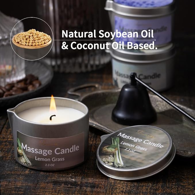 Massage Candle 3 Pack Scented Soy Wax Massage Body Oil for Home SPA, Nourishing Coconut Oil Infused Low Temp Aromatherapy Candle 6.9OZ (Lavender,Lemon Grass,Little Black Dress)