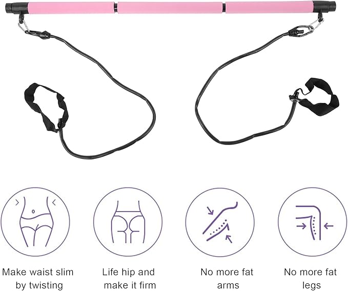 3 Sections Pilates Bar, Pilates Exercise Stick with 2 Tension Straps, Detachable Yoga Pull Rods for Full Body Workout, Home Gym Fitness Equipment for Men and Women
