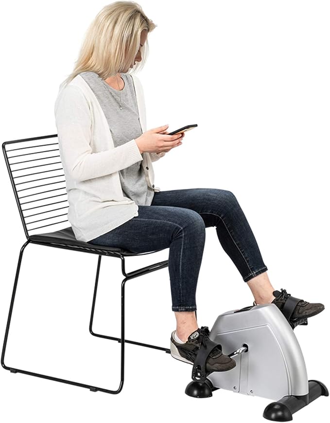 Mini Exercise Bike Pedal Exerciser for Arms & Legs, Portable Under Desk Bike with LCD Monitor, Adjustable Resistance Home Office Fitness Trainer, Compact Hand & Foot Cycle – Silver