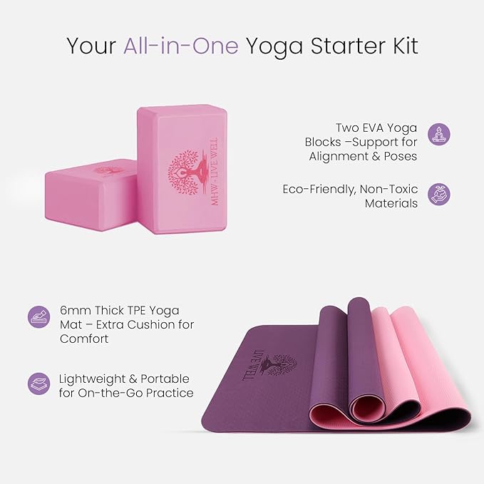 LIVE WELL Yoga Set for Women: 6mm Thick TPE Yoga Mat + 2 EVA Blocks, Pink - Best Yoga Mat, Exercise Mat for Home Gym