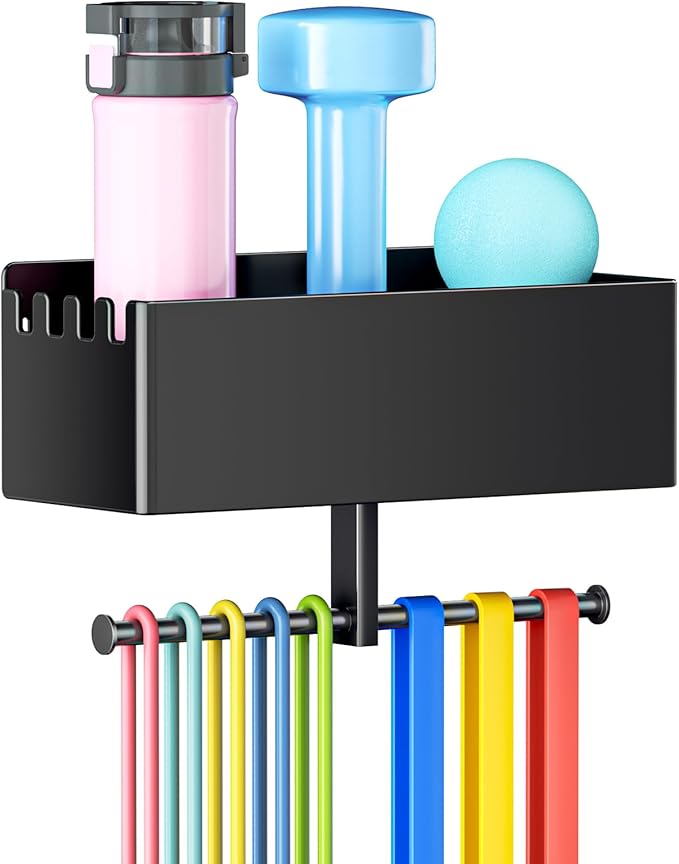 Home Gym Wall Storage, White Resistance Bands Rack Hanger Metal, Wall Mounted Fitness Bands Holder, Multi-Purpose Heavy Duty Workout Gym Storage Rack for Resistance Bands, Straps, Jump Ropes (Black)