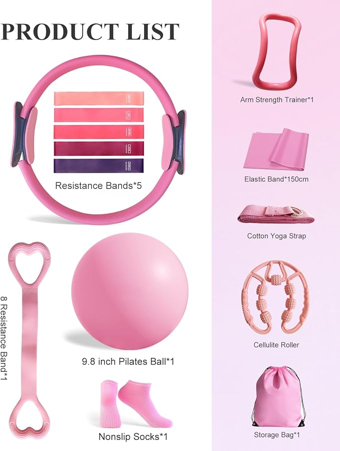 Home Workout Pilates Kit for Women, Better me Pilates Ring and Ball Set Essentials Equipment, with 5 Resistance Bands, Massager Roller, Yoga Starter Accessories for Toning Arms, Thighs & Core