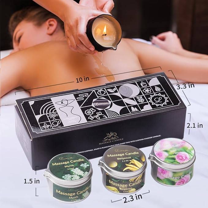 Scented Massage Oil Candle 3 Pack with Essential Oils, Warm Massage Body Oil, Aromatic Relaxing Soybean Low Temp Aromatherapy Candle 6.9OZ (Rose,Myrrh,Bergamot)