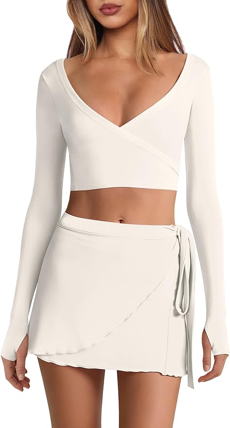 Nirovien Womens 2 Piece Workout Sets Sexy Pilates Outfits Athletic Gym Yoga Sets Ballet Wrap Top and Skirt