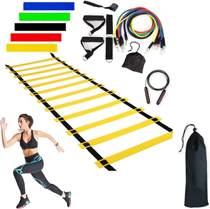 Agility Ladder – Speed Ladder Soccer Football Athletic Fitness Kit | Jump Rope Parachute Discs Belt Basketball Exercise Workout Coordination Endurance Training Tools