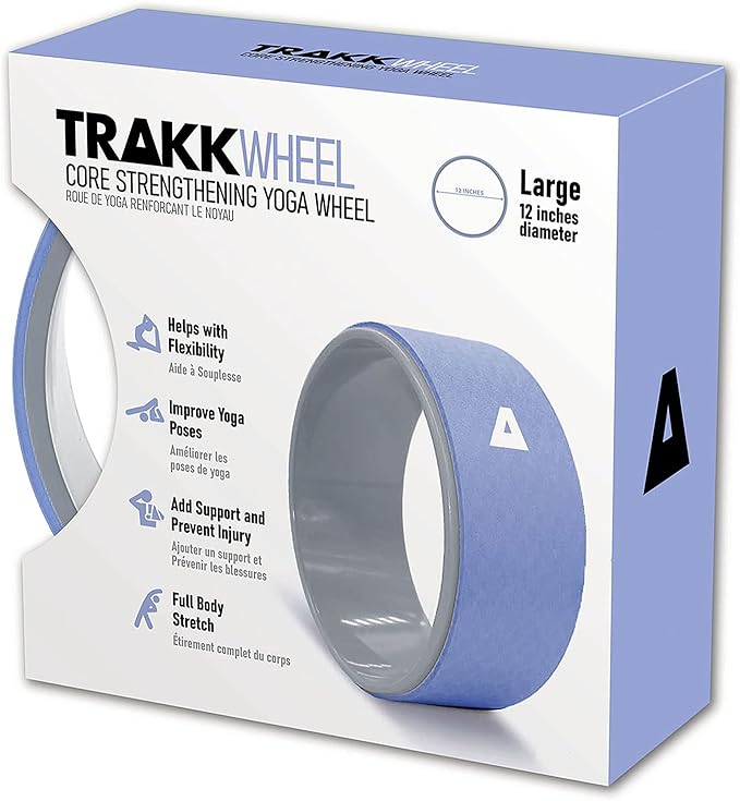 TRAKK Sport 12 Inch Foam Roller Yoga Wheel for Back Pain Relief, Stretching, Tissue Massage, and Spinal Alignment, Supports 350 Pounds, Silver & Blue
