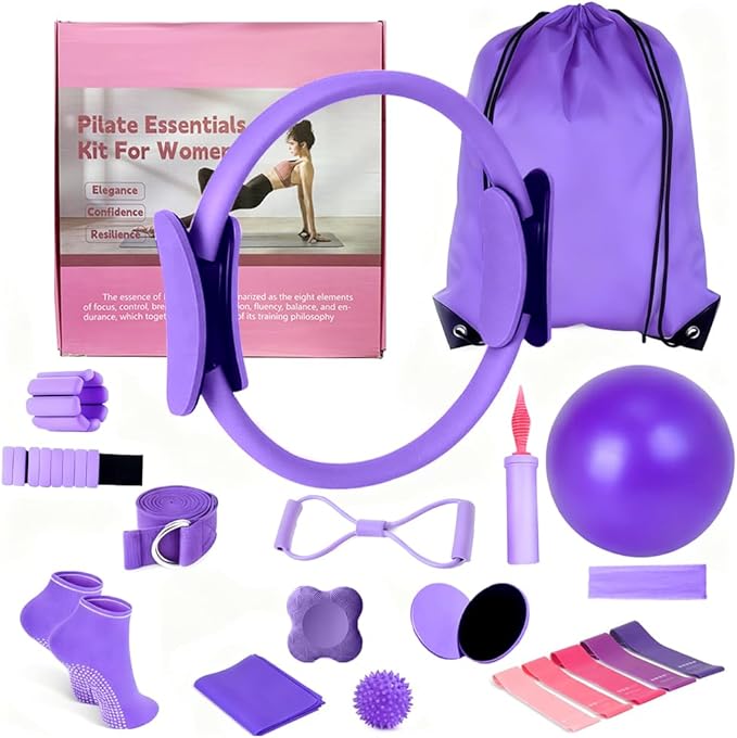 Pilates Equipment Set for Home Workouts –15in1 Home Pilates Kit with Ring and Ball Set, Resistance Bands, Pilates Yoga Accessories, Core Sliders & Ankle Weights, Pilates Essentials Kit