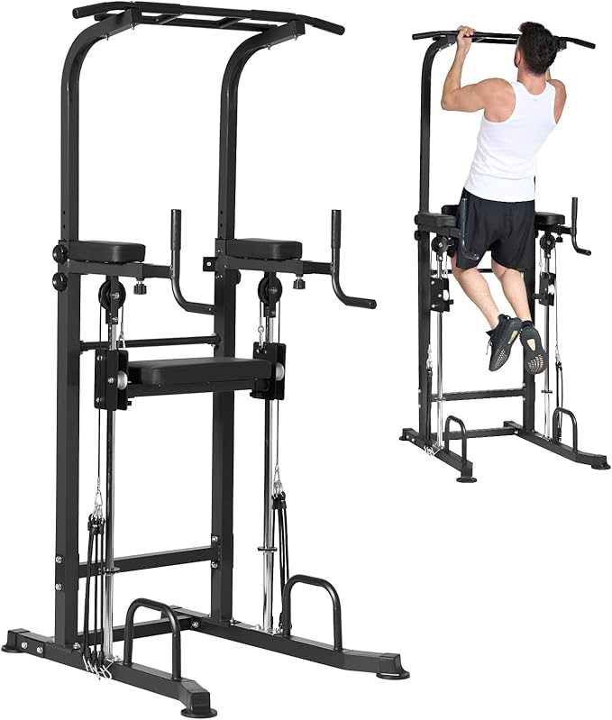 Dland Power Tower Dip Station Pull Up Bar Exercise Tower, Multi-Function Adjustable Training Equipment for Home Gym, Strength Training Workout Equipment, Black