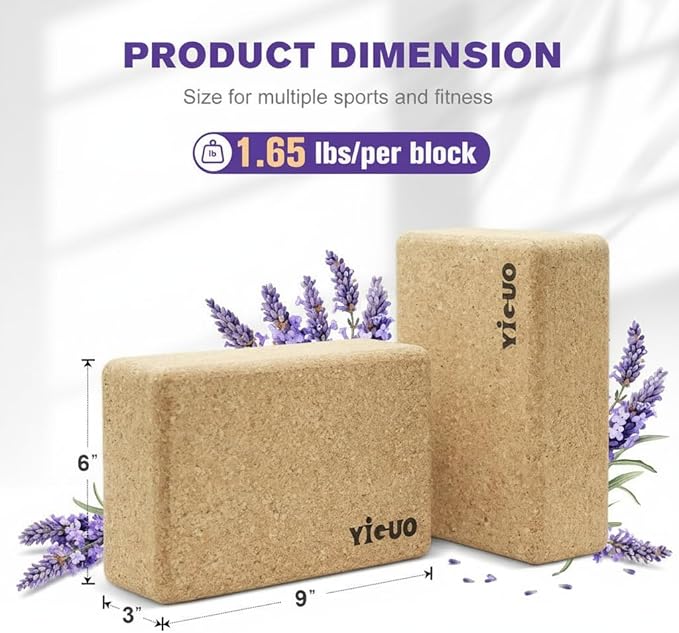 YIGUO Cork Yoga Blocks 2 Pack,Lavender Scented Yoga Blocks with Non-Slip Surface,Premium Yoga Accessories for Women & Men,9"x6"x3"