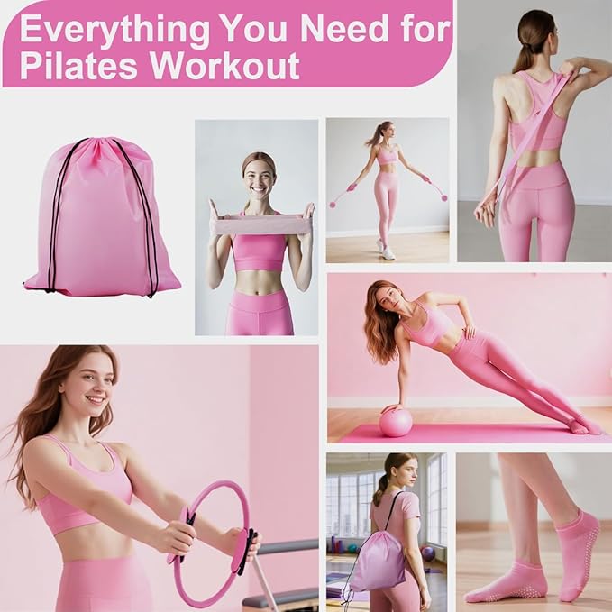 Pilates Essentials Kit for Women, Home Pilates Kit with 12.9" Ring and 9.8" Mini Ball, 4 Fabric Loop Bands, Figure-8 Band, Stretch Strap, Jump Rope, Carry Bag