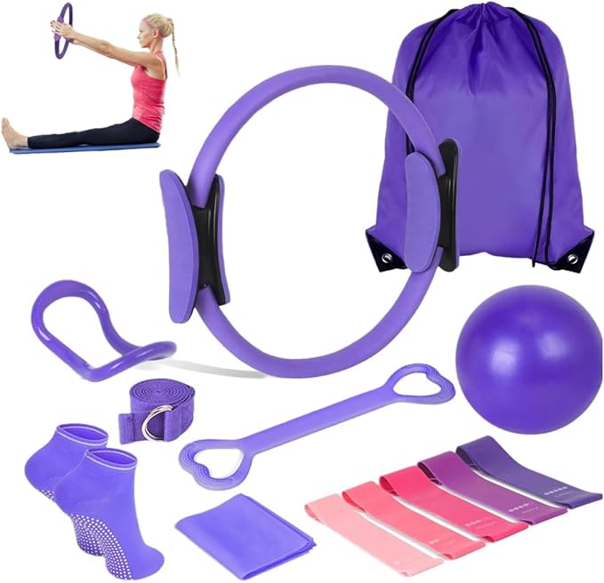 at Home Pilates Kit 13 pcs, Pilates Equipment for Home Workouts, Pilate Accessories Set with 9.8” Ball, 12” Magic Circle Yoga Rings, Resistance Bands, Pilates Essentials Kit for Women Gift