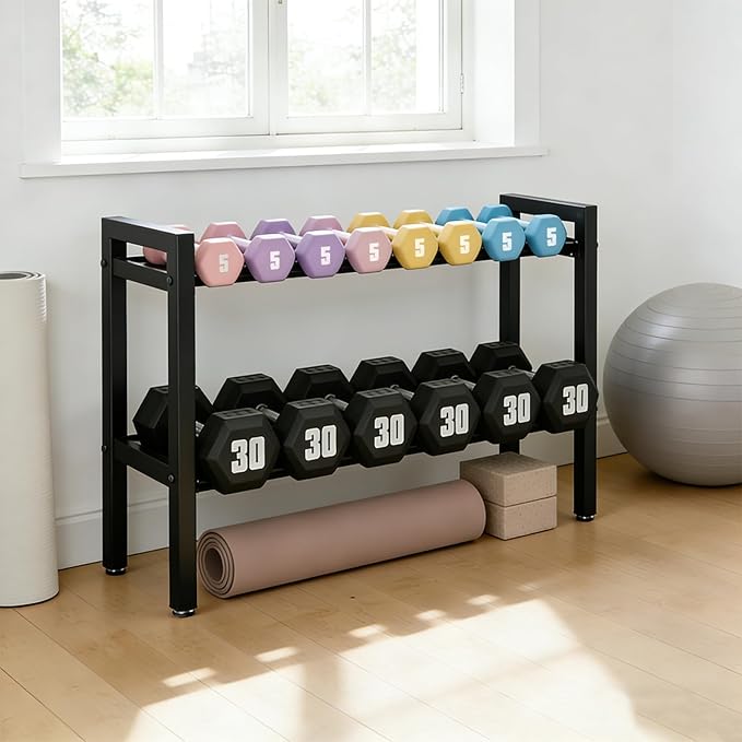 32 IN Dumbbell Rack 2 Tier Adjustable Kettlebell Storage Shelf Heavy-Duty 500LB Space-Saving Weights Stand for Home Gym(Rack Only)