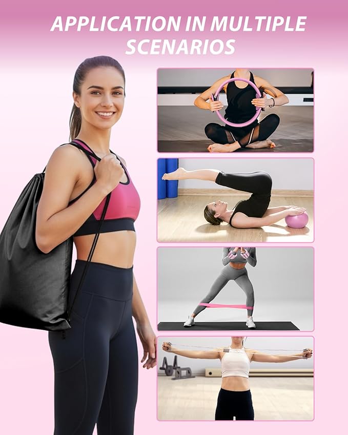 Pilates Equipment Kit for Home Workout, Home Pilates Essentials Kit Magic Circle Ring and Ball Set, Adjustable Ankle Wrist Weights, Resistance Bands, Fitness Equipment Accessories