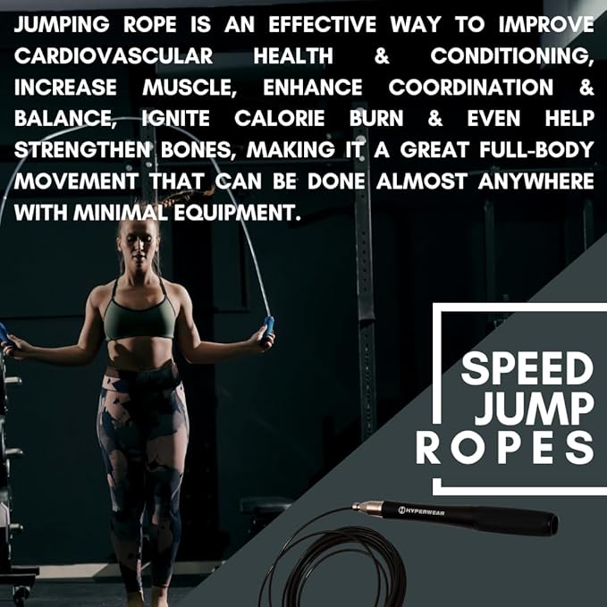 HYPERWEAR Adjustable Speed Jump Rope – Patented Self-Locking Cable System, Aluminum Handles with Knurled Silicone Grip for Cardio, Cross Training & Boxing