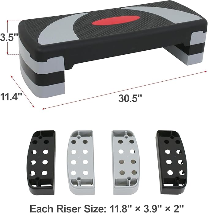 30" Aerobic Step Platform - 3-Level Adjustable Height (4"/6"/8"), Non-Slip Fitness Stepper w/Stackable Risers for Home Gym, Cardio & Strength Training