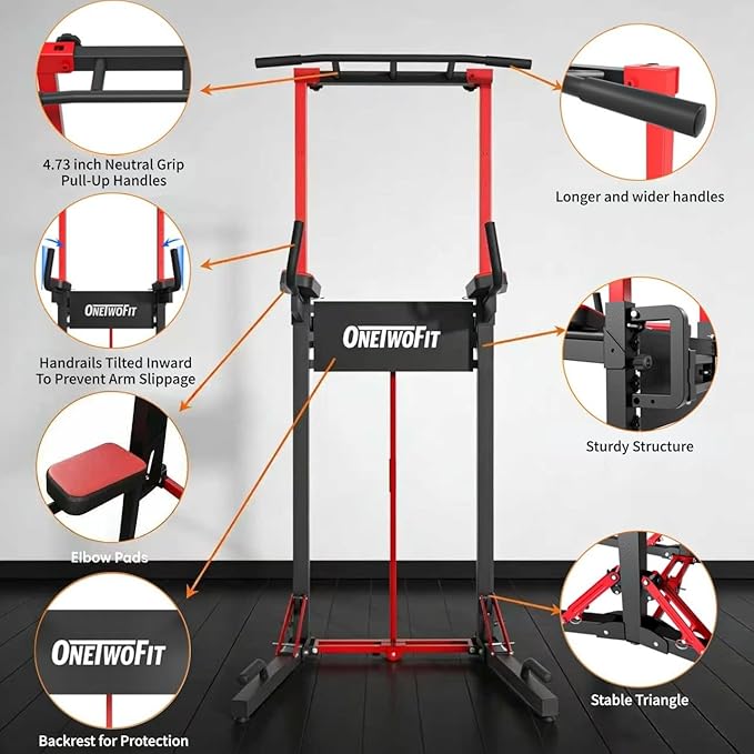 ONETWOFIT Foldable Power Tower Pull Up Bar Station, Multi-Function Adjustable Height Pull Up Dip Station for Gym Workout, Strength Training Fitness Equipment, Pull Up Stand Pro 400LBS/Pro Max 600LBS