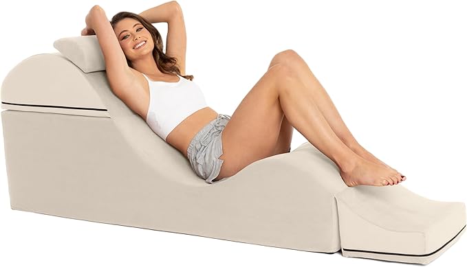 Avana Kami Convertible Chaise/Bed Bench for Yoga & Massage - 2-in-1 End of Bed Ottoman with Concealed Fold Out Yoga Lounge Chair, 18" Wide, Microvelvet Bone Ivory
