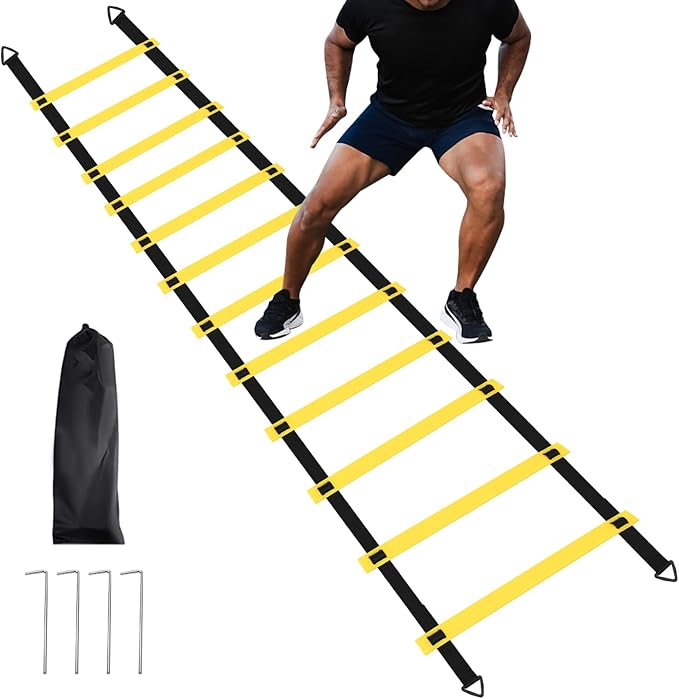 12 Rungs Agility Ladder Set, Training Ladder with Steel Stakes and Carry Bag for Soccer, Speed Fitness Feet Training