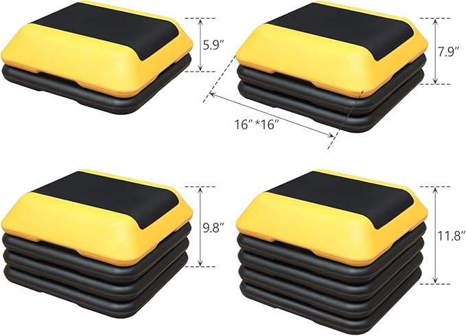 Height-Adjustable Step Aerobics Platform Fitness Equipment Stepper Trainer Exercise Step Platform with 4 Riser Yellow Plastic Yellow Adjustable Height Riser Home Gym Essential