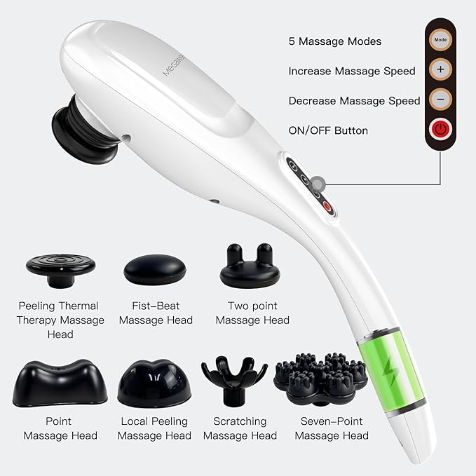 MEGAWISE Cordless Back Massager for Shoulders, Waist, Legs, Rechargeable 3200mAh Battery, 5 Speed and 5 +2 Massage Nodes 5 Hard, 2 Silicone Nodes, Massage While Moving Around (Off White Cordless)