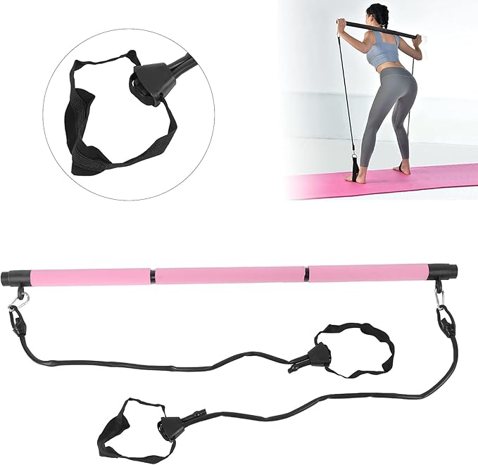 3 Sections Adjustable Pilates Bar, Portable Pilates Workout Stick with Tension Straps for Full Body Training, Detachable Iron Fitness Rod for Home Gym Yoga and Travel