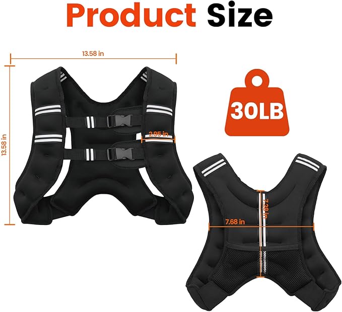 Weighted Vest, 6lb/8lb/10lb/12lb/16lb/20lb/25lb/30lb Weight Vest for Men Women, Body Weight Vests Adjustable with Reflective Stripe for Strength Training, Running, Workout, Jogging, Walking