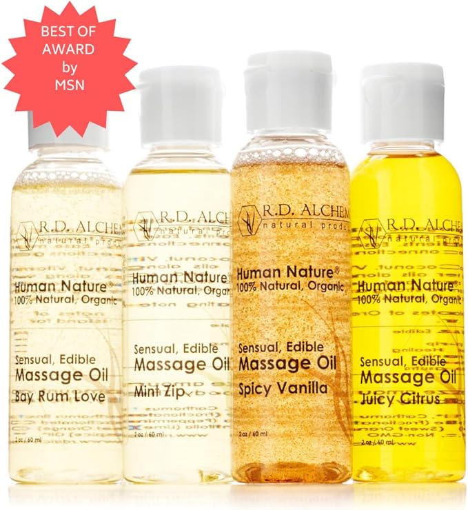 RD Alchemy - 100% Natural & Organic Edible Massage Oil Sample Pack - 4 Flavors: Bay Rum Love | Juicy Citrus | Spicy Vanilla | Mint Zip. Silky Smooth for Sensual Massage, Bath, Date Night & More!