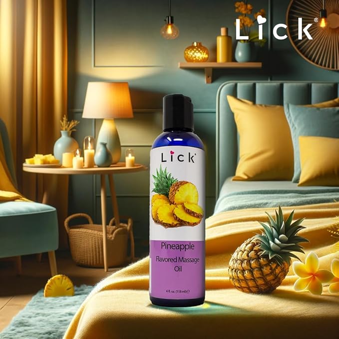 Lick Pineapple Flavored Massage Oil – Sweet Tropical Edible Massage Oil with Vitamin E, Smooth Body-Safe Glide for Couples Massage & Sensory Date Nights, 4 oz