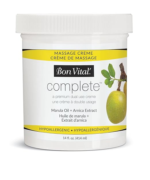 Bon Vital Complete Massage Creme, 14oz Jar, Unscented Non-Greasy Cream with Marula, Olive & Jojoba Oils, Hypoallergenic Moisturizer for Professional or Home Use, Premium Dual-Purpose, Massage Therapy
