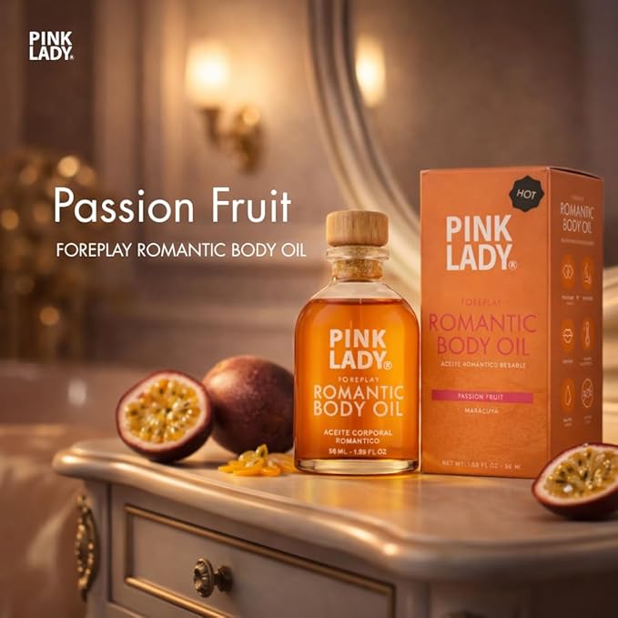 PINK LADY Romantic Body Oil Strawberry and Champagne - 1.90 fl oz / 56 ml - Kissable Warming Body Treat for Foreplay Fun, Water Based (Passion Fruit)