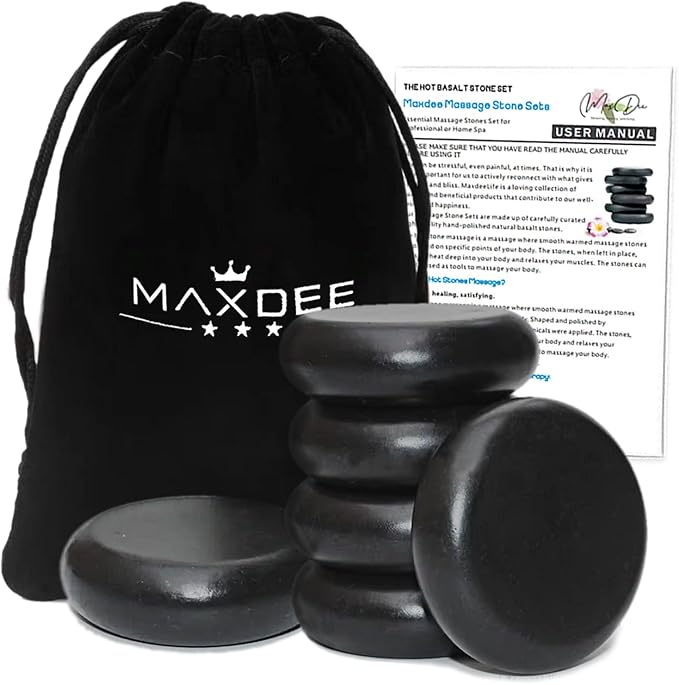 Maxdee Massage Stones Essential Hot Stones for Massage, 6 Large Hot Stones Massage Kit Hot Rocks Massage Stones for Professional or Home Spa, Foot Heater, Relaxing, Healing, Pain Relief, 2.75"