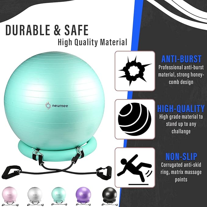 Yoga Ball Chair with 65cm Exercise Ball & 2 Resistance Bands, Stability Base for Home Office, Yoga, Pilates & Fitness, Balance Ball for Posture, Core Strength & Low Impact Workouts