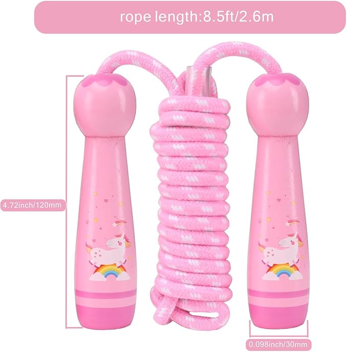 Jump Rope for Kids, Adjustable Toddler Jump Rope with Wooden Handle and Cotton Rope, Cute Skipping Rope for Boys and Girls Fitness Workout Exercise 8.5 Ft(Pink)