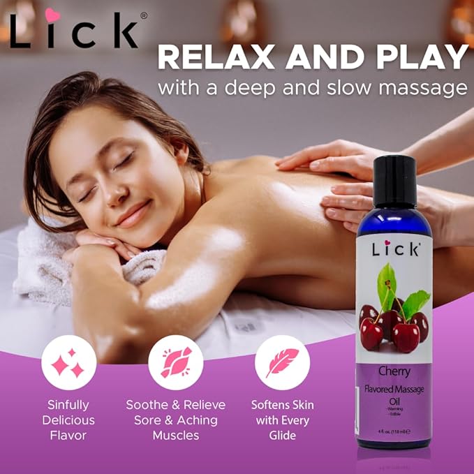 Lick Cherry Flavored Massage Oil – Bold Fruit Edible Massage Oil with Vitamin E, Rich Smooth Body-Safe Glide for Romantic Couples Massage Experiences, 4 oz