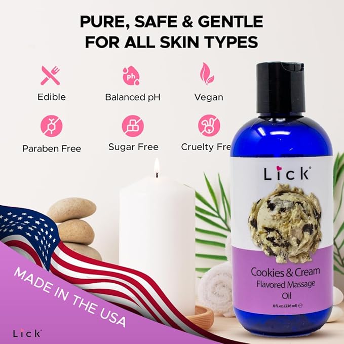 Lick Cookies and Cream Flavored Massage Oil – Creamy Dessert Edible Massage Oil with Sweet Almond Oil & Vitamin E, Smooth Glide for Couples Massage, 8 oz