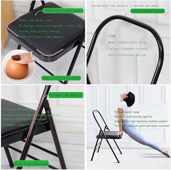 Yoga Auxiliary Chair Yoga Practice Balance Chair for Iyengar Foldable Pilates Yoga Chair with Anti-Slip Foot,PU Cushion,Double Beam Design,Black