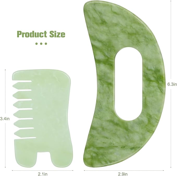 Jade Stone Gua Sha Massage Tool Set Larger Guasha Board with Handle, Muscle Scraping Massage Tools, Guasha Scraping Scalp Comb, Acupuncture Tools for Relaxation Lymphatic Drainage Valentine's Day Gift