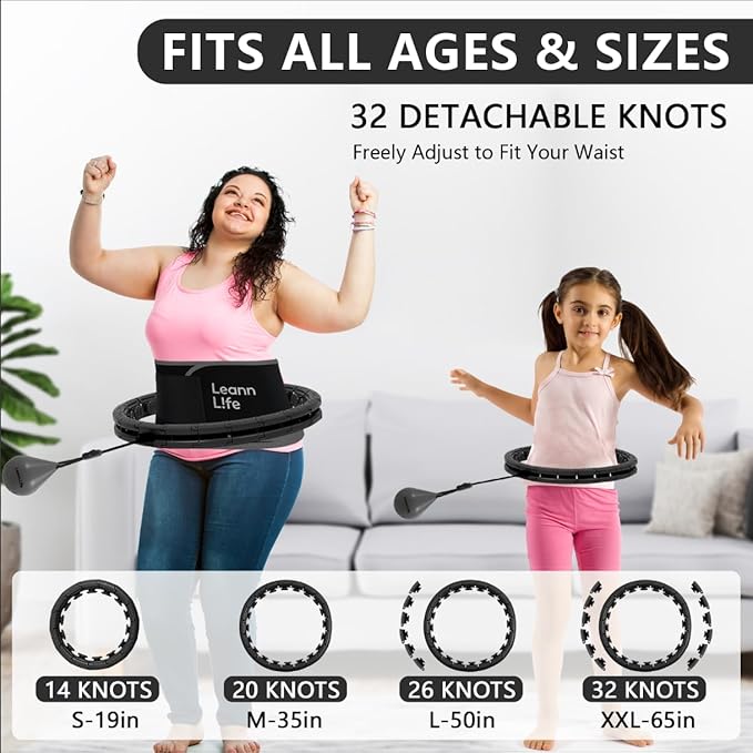 U2 Black-32 Knots 19”- 65”, Detachable & Size Adjustable Weighted Hula Hoop for Kids Adults Weight Loss, Infinity Hoop Plus Size, Abdominal Toner,5 Color Balls, Free Waist Trimmer&Wash Bag