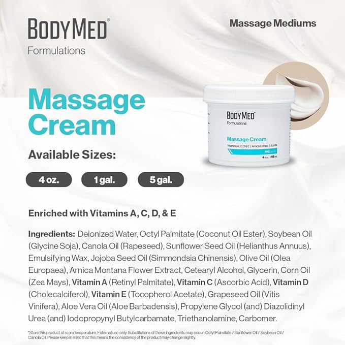 BodyMed Formulations Massage Cream, 1 gal. – Fragrance-Free, All-Natural Cream for Massage Therapy – Leaping Bunny Certified – with Arnica Extract & Jojoba – Non-Staining, & Paraben Free