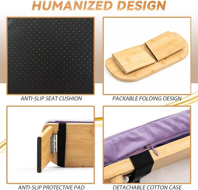 Meditation Bench, Bamboo Meditation Stool, Folding Kneeling Meditation Bench, Seiza Prayer Bench, Prayer Bench with Meditation Cushion, Kneeling Stool (Purple)